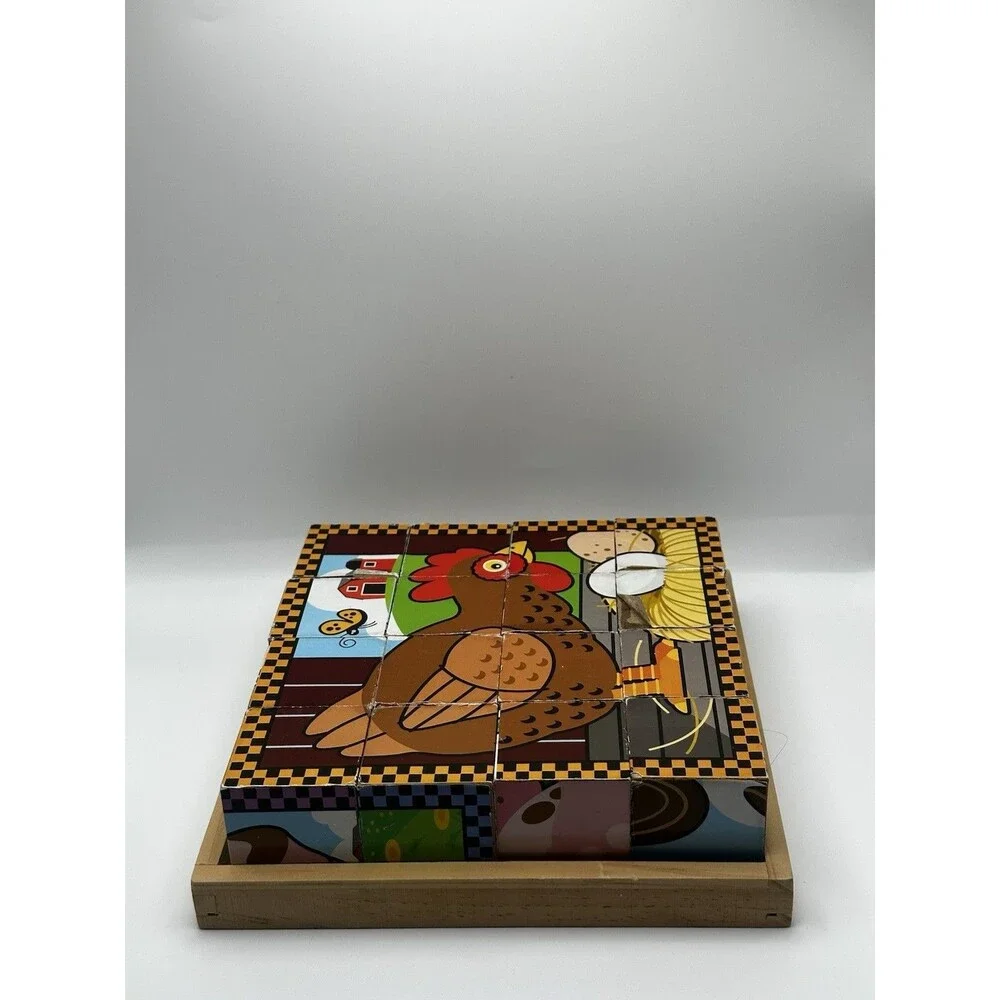 Melissa & Doug Wooden Cube Puzzle Farm 16 Blocks 6 Scenes Complete Wood Toy